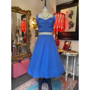 vintage 1940s blue cotton sundress 40s dress ruched bust full skirt med maisel